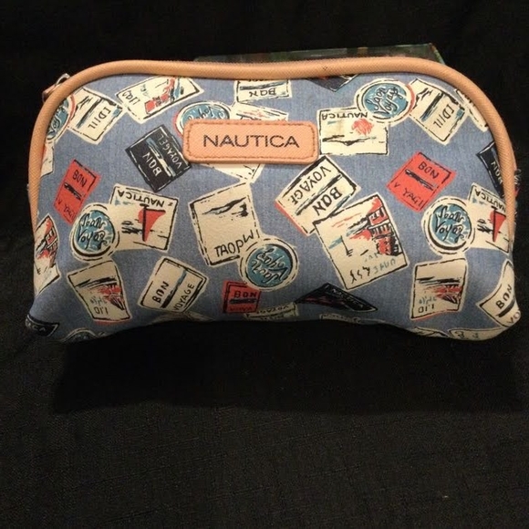 Nautica Travel Pouch Cosmetic Bag – Blue Stamp Print, Zippered Organizer - Picture 1 of 2
